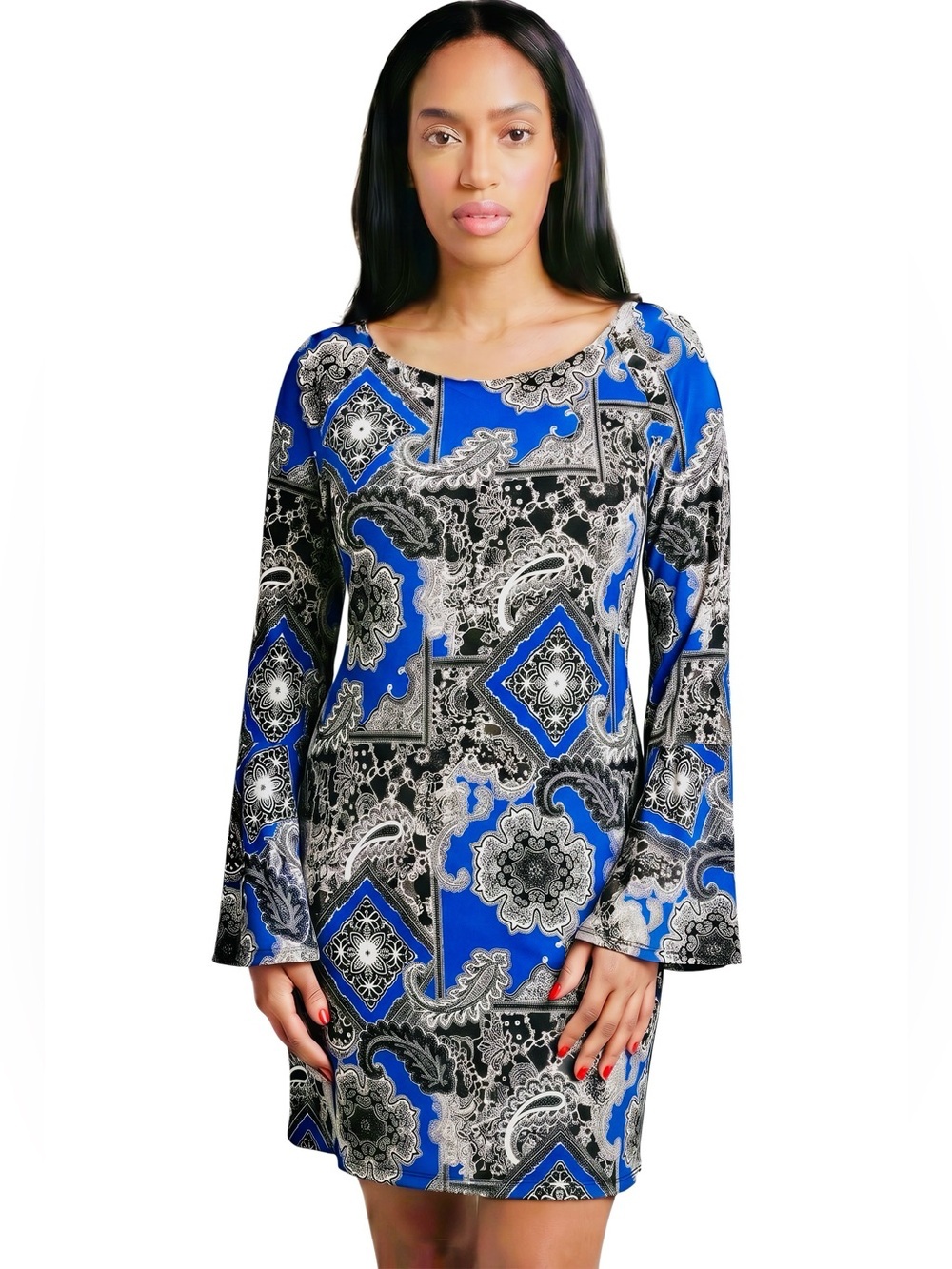 MSK Blue/Black/White Paisley Print Bell Sleeve Shift Dress